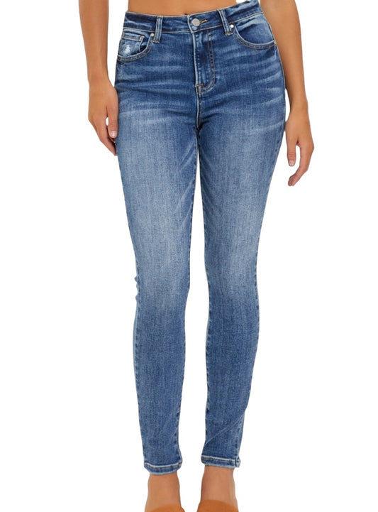 Front view of RISEN Mid Rise Ankle Skinny Jeans showcasing the mid-rise waist and skinny fit.