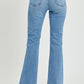 Light wash denim of RISEN High Rise Raw Cut Hem Bootcut Jeans.