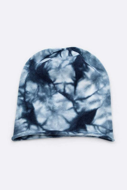 Cotton knit beanie with gray tie dye pattern and classic roll edge

