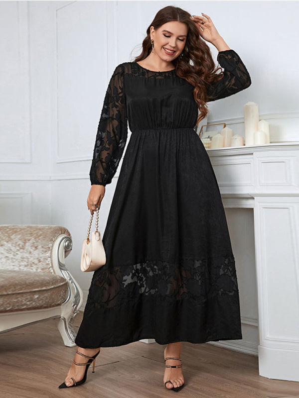 Full-length image of a black lace dress styled for formal events.
