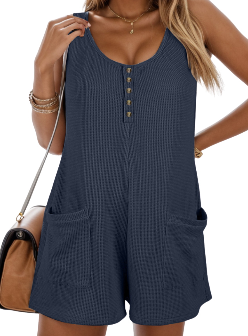 Waffle-Knit Scoop Neck Wide Strap Romper - Whimsical Appalachian Boutique