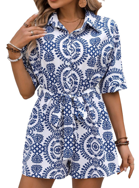 Tied Printed Short Sleeve Romper - Whimsical Appalachian Boutique