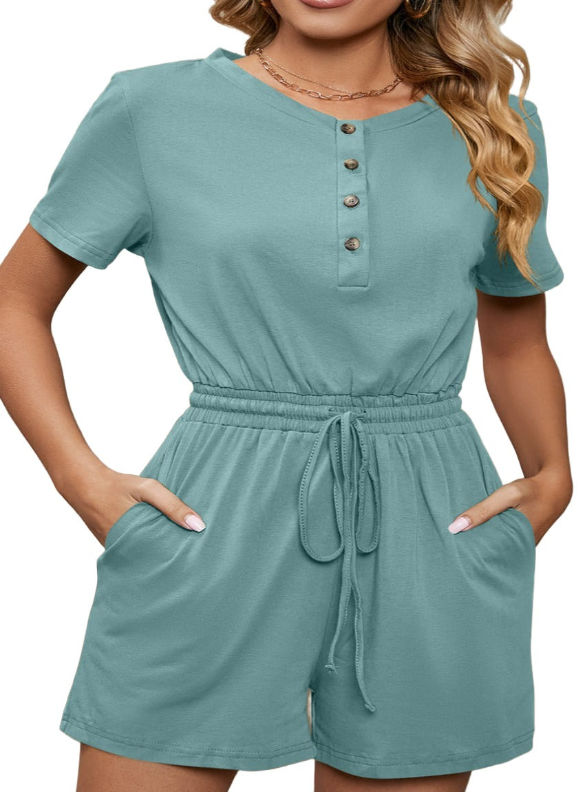 Drawstring Half Button Short Sleeve Romper - Whimsical Appalachian Boutique