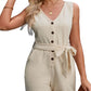 Button Front Belted Sleeveless Romper