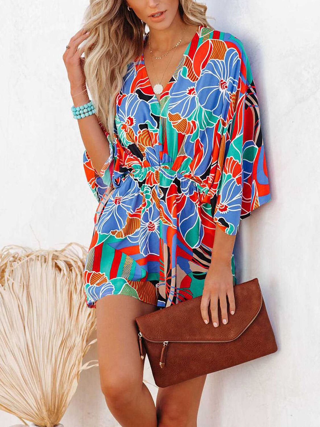 Tied Printed Kimono Sleeve Romper - Whimsical Appalachian Boutique