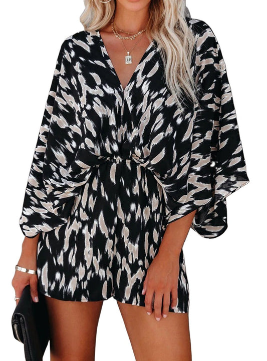 Tied Printed Kimono Sleeve Romper - Whimsical Appalachian Boutique