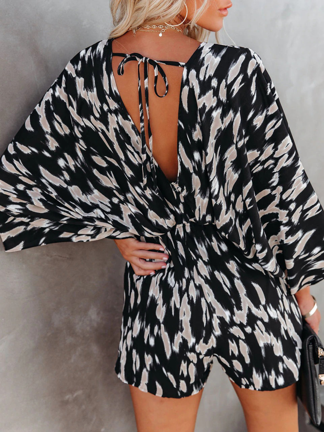 Tied Printed Kimono Sleeve Romper - Whimsical Appalachian Boutique