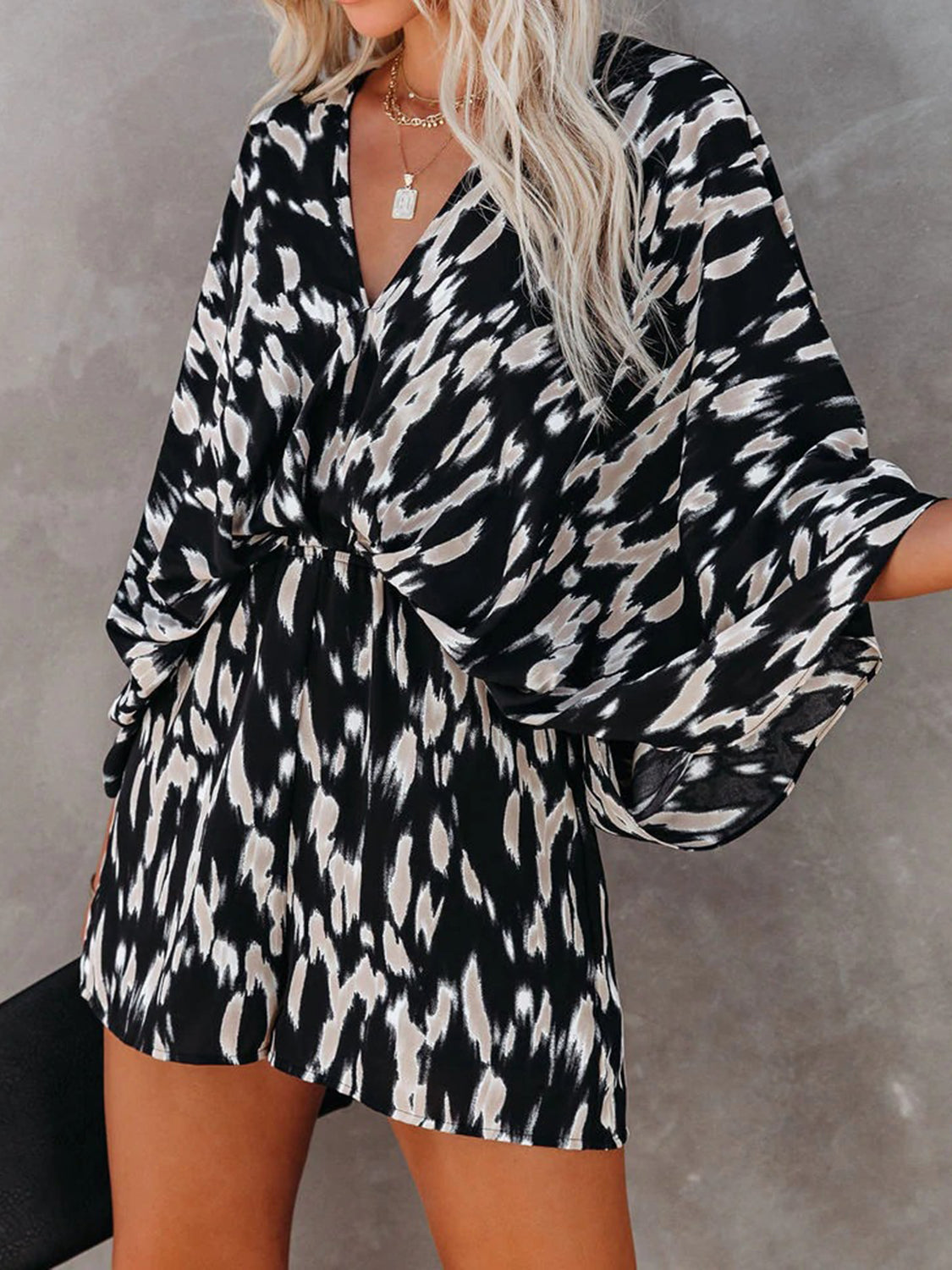 Tied Printed Kimono Sleeve Romper - Whimsical Appalachian Boutique