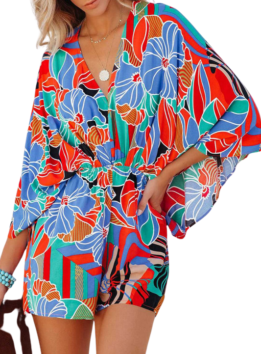 Tied Printed Kimono Sleeve Romper - Whimsical Appalachian Boutique