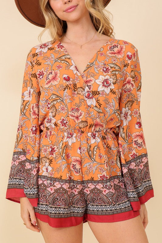 Boho Floral Print Bell Sleeve Romper