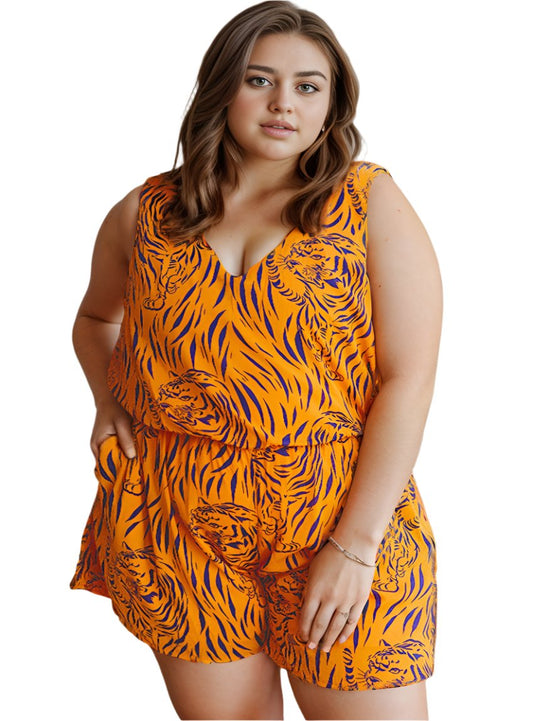 Plus Size Tiger Printed V-Neck Sleeveless Romper - Whimsical Appalachian Boutique