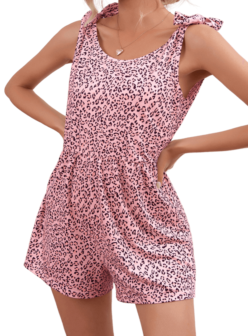 Leopard Tie-Shoulder Scoop Neck Romper - Whimsical Appalachian Boutique