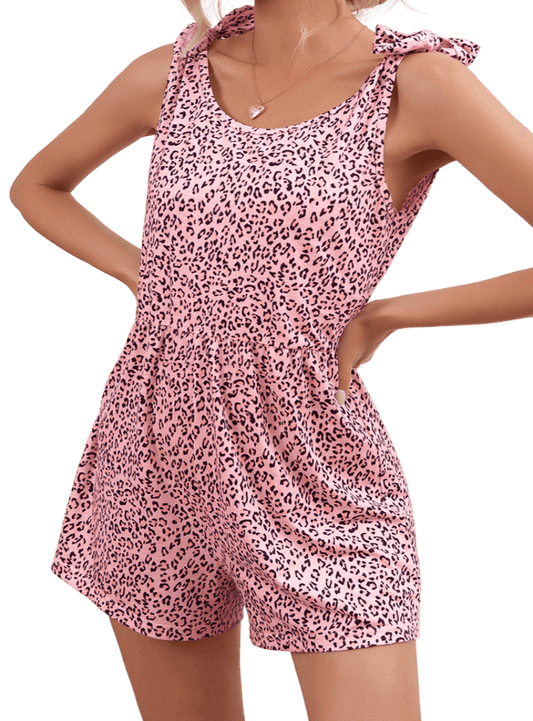 Leopard Tie-Shoulder Scoop Neck Romper - Whimsical Appalachian Boutique