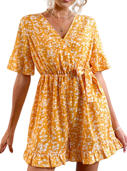 Printed Surplice Neck Ruffled Short Sleeve Romper - Whimsical Appalachian Boutique