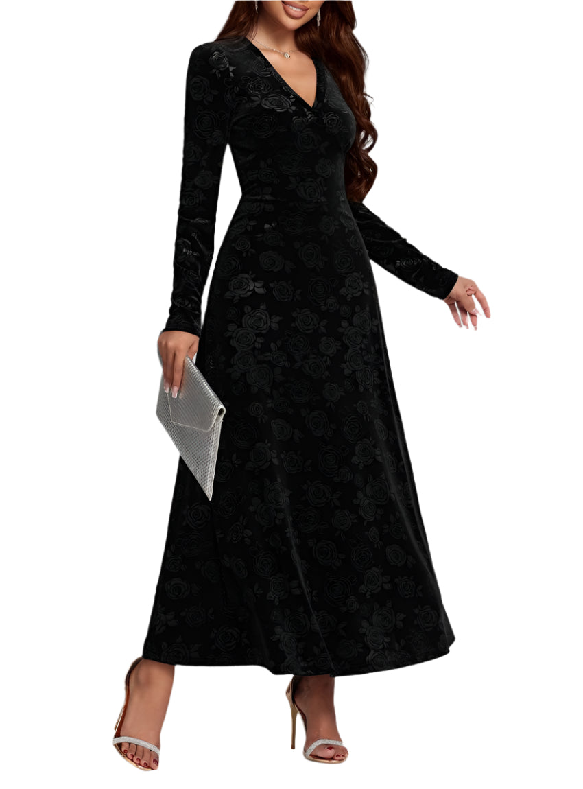 Rose print V-neck long sleeve midi dress in black with embossed rose details.