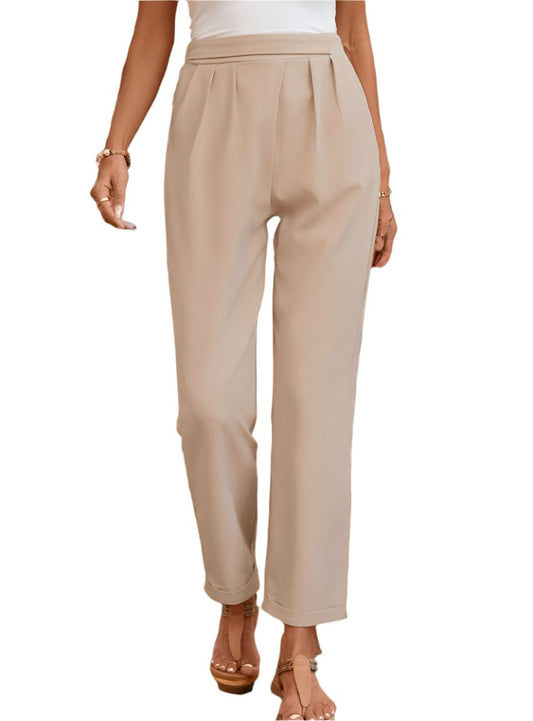 Front view of ruched half elastic waist pants in beige.
