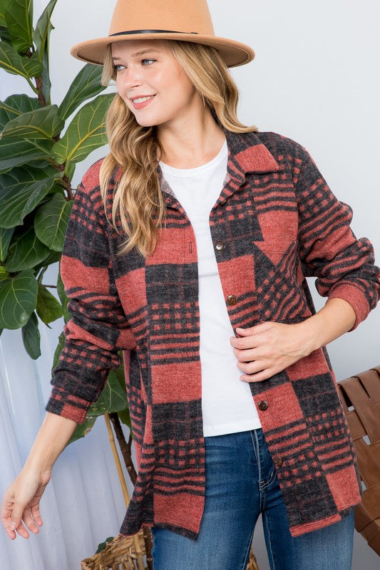 cozy rust plaid flannel shacket, oversized for a relaxed fit
