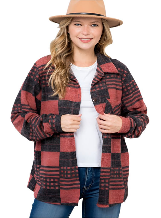 rust color oversized plaid shacket, soft wool-touch fabric
