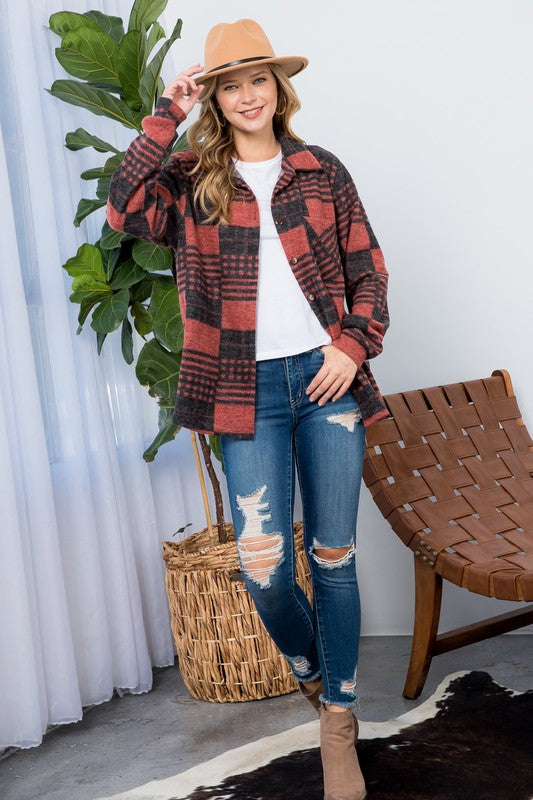 fuzzy rust plaid flannel shacket, perfect for layering in colder weather
