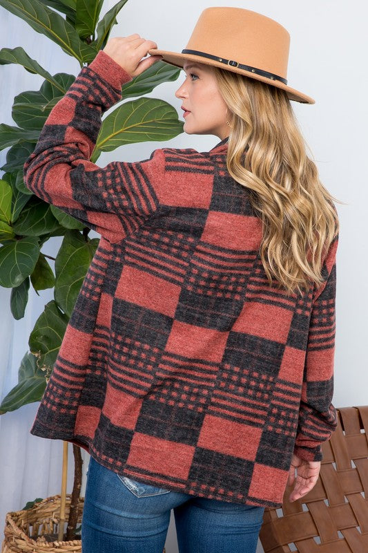 oversized rust plaid shacket with chest pocket for fall
