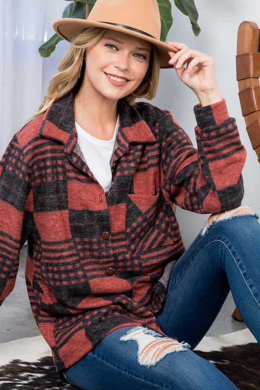 women’s rust plaid button-down shacket, soft and warm
