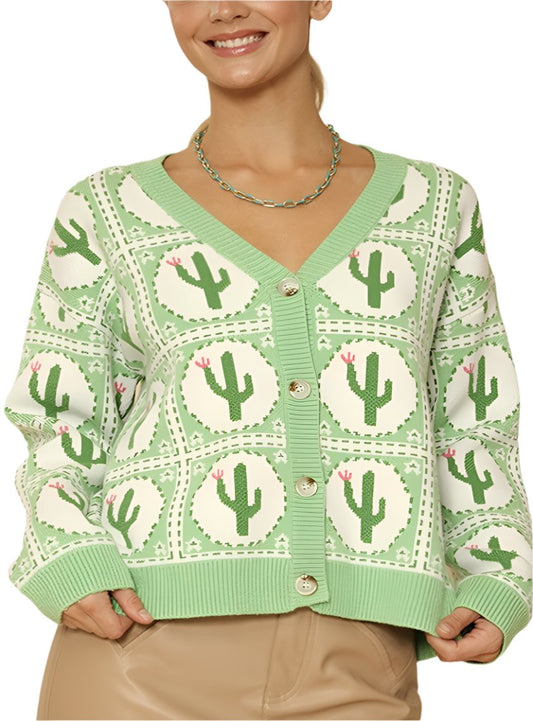 Front view of sage green cactus print cardigan with button-up detail
