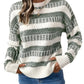 Sage green and white striped knit sweater, front view.
