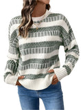 Sage green and white striped knit sweater, front view.
