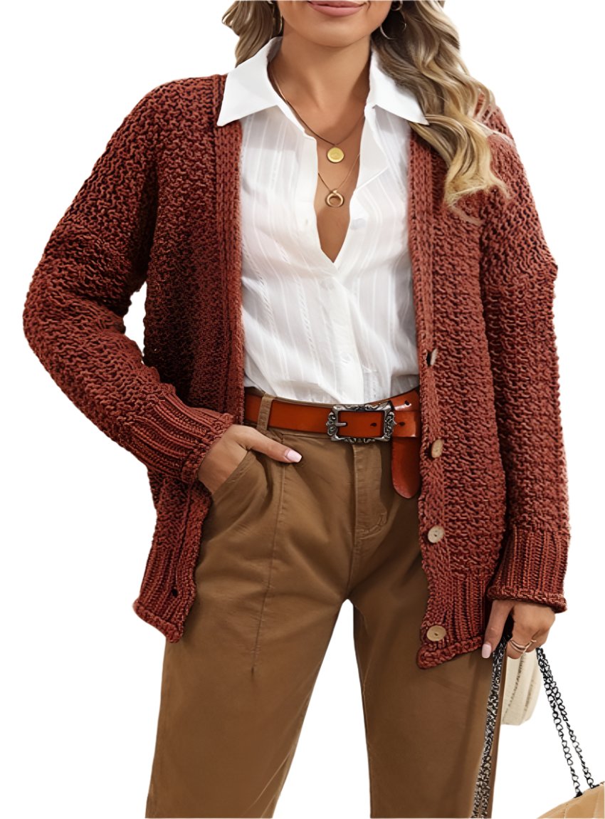 Sandalwood chunky knit cardigan with button-down front, front view