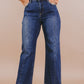 Sophisticated wide-leg jeans in dark wash for plus size women.
