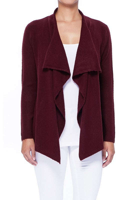 front view of burgundy shawl collar cape cardigan
