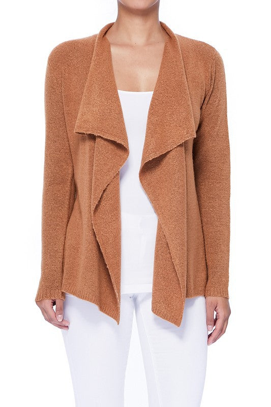 front view of camel shawl collar cape cardigan
