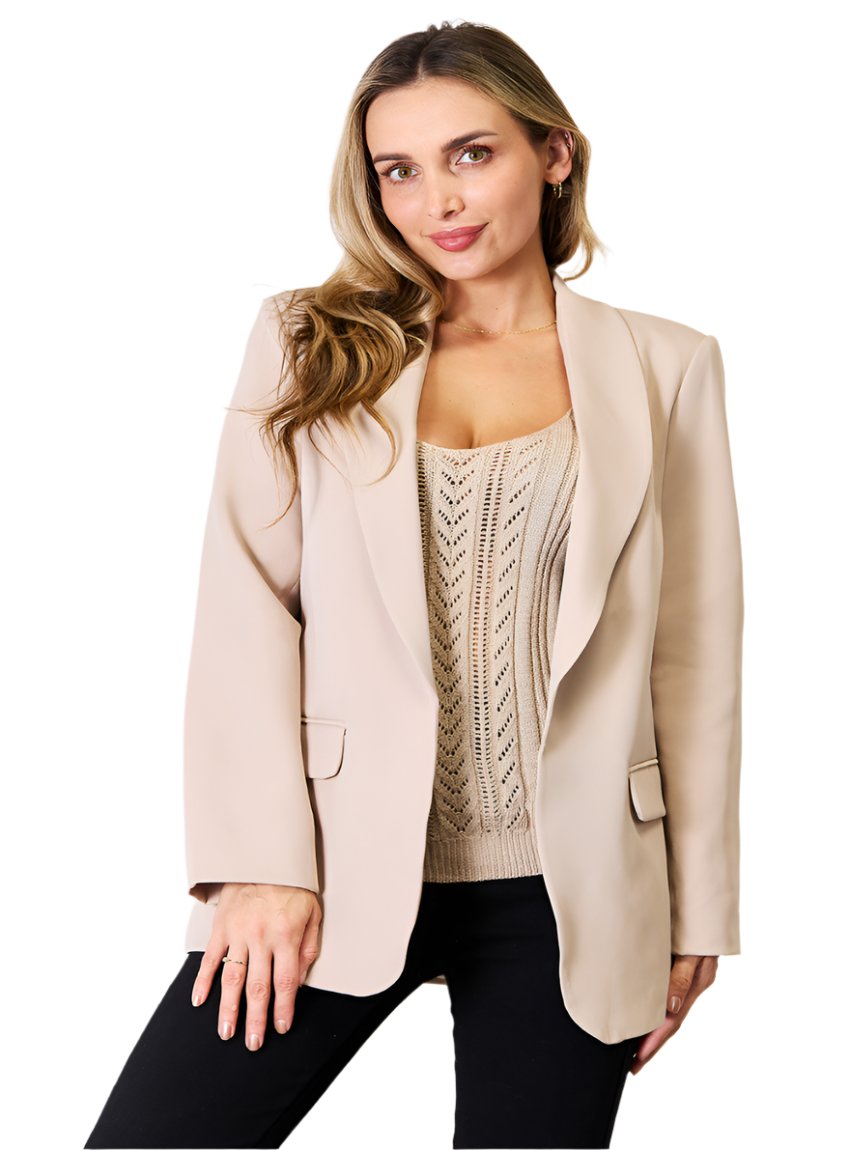 Shawl collar long-sleeve blazer for women, perfect for office wear or casual styling.
