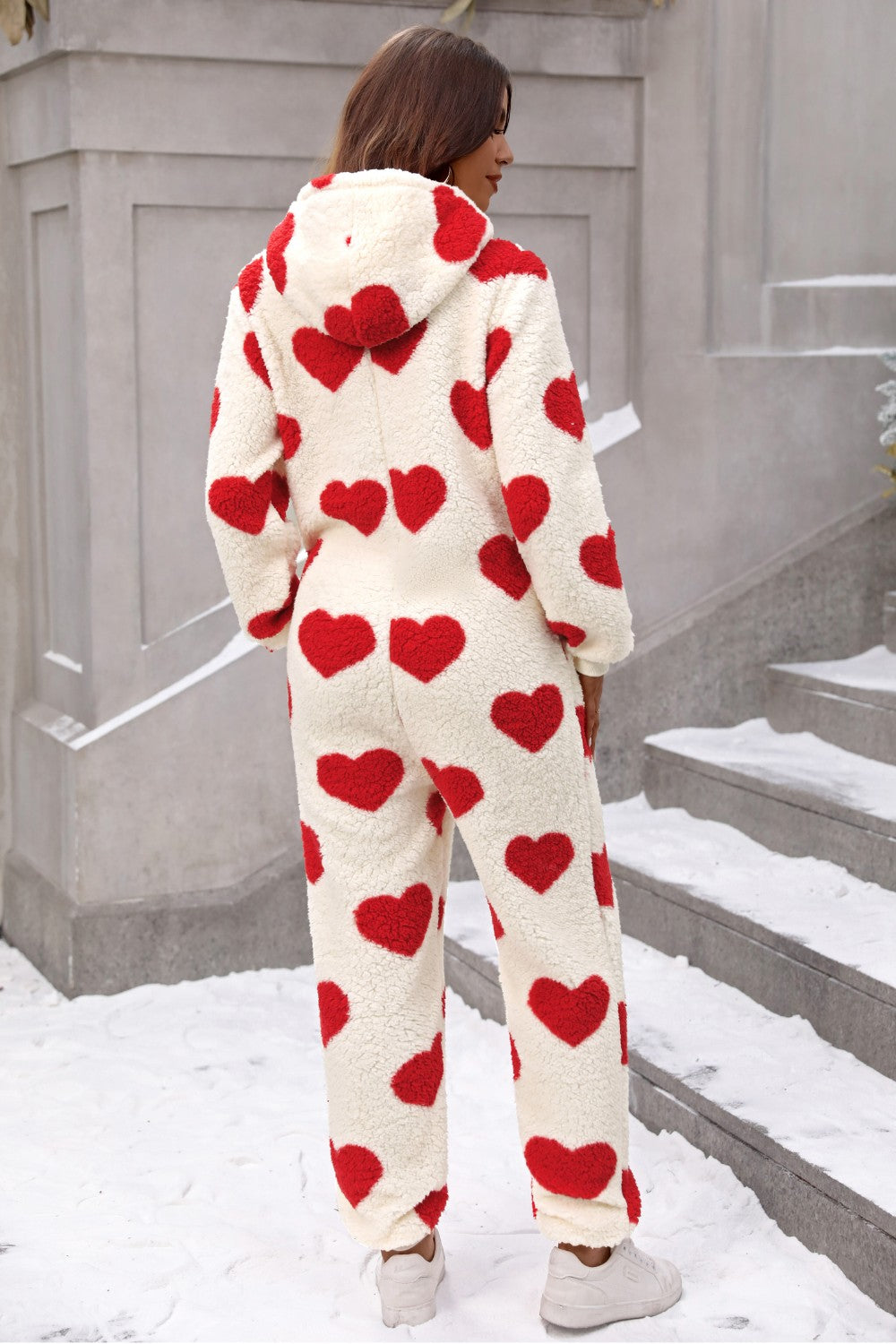 Plush heart-print jumpsuit for women with zip-front design
