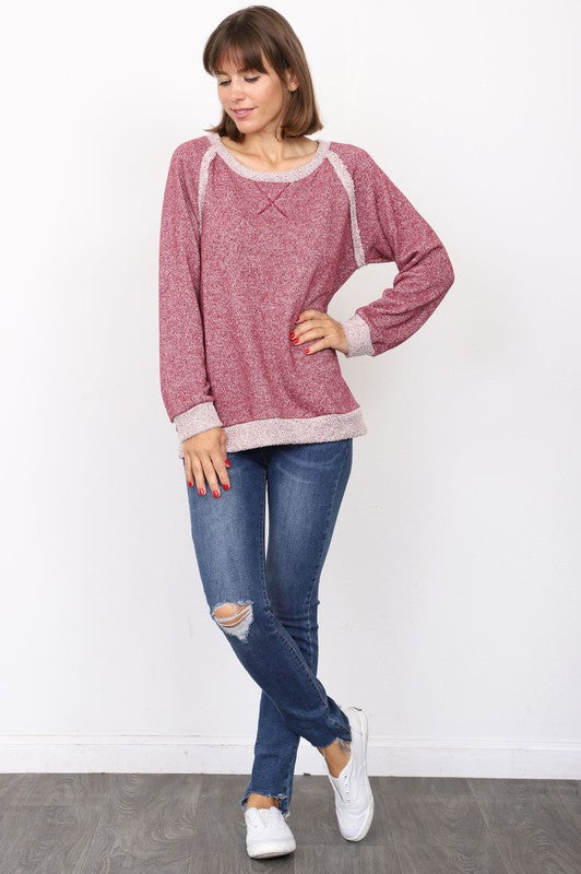 Burgundy shimmer terry top with a relaxed fit, ideal for cozy days.
