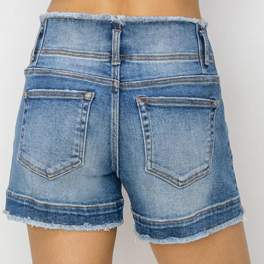 RISEN High Rise Seam Detailed Raw Edge Denim Shorts - Whimsical Appalachian Boutique