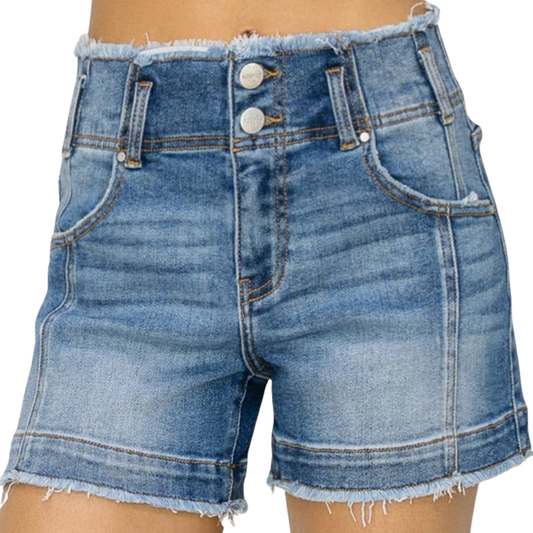 RISEN High Rise Seam Detailed Raw Edge Denim Shorts - Whimsical Appalachian Boutique