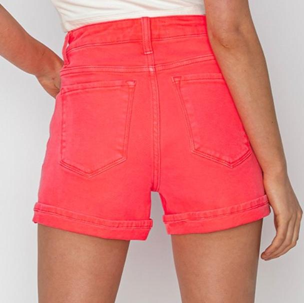 RISEN High Rise Cuffed Denim Shorts - Coral - Whimsical Appalachian Boutique