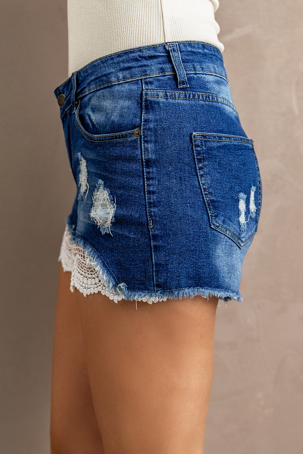 Spliced Lace Distressed Denim Shorts - Whimsical Appalachian Boutique