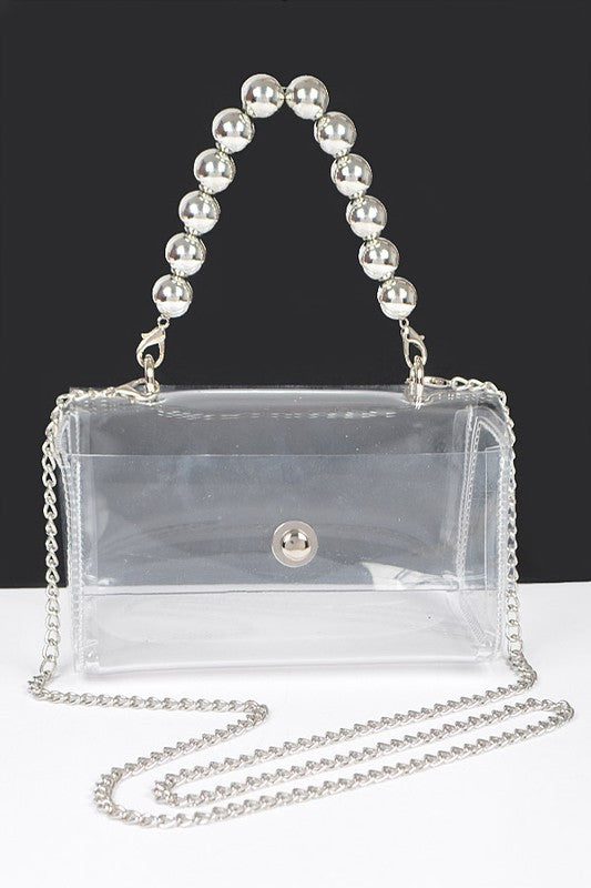 Silver beaded handle clear bag with detachable chain strap, stadium-approved.