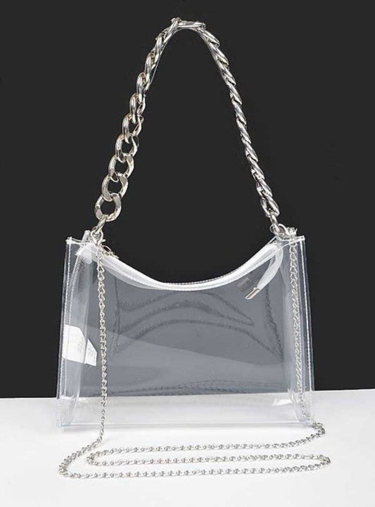 clear handbag with silver chain strap