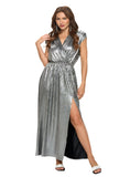 Front view of silver metallic maxi dress with a V-neck and cap sleeves.
