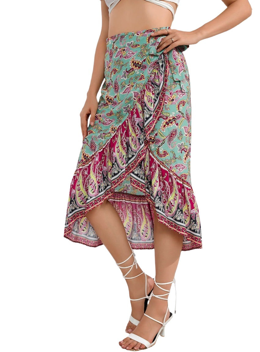 Bohemian-Style Flounce Hem Midi Skirt