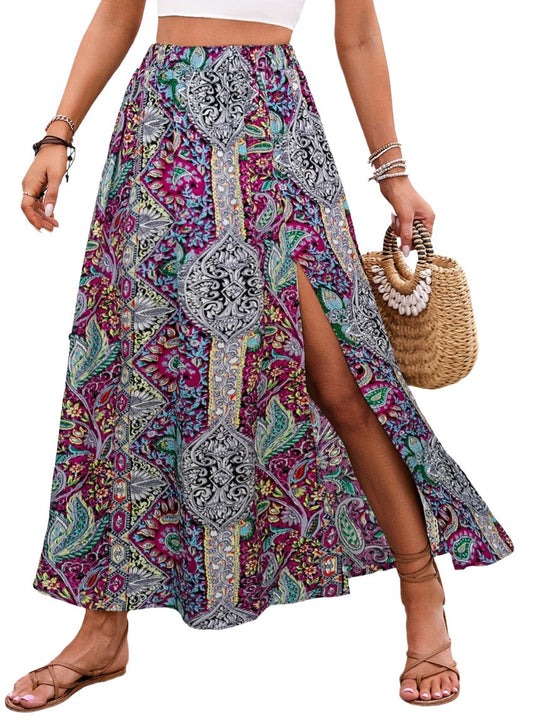 Boho Chic Printed Side Slit Maxi Skirt