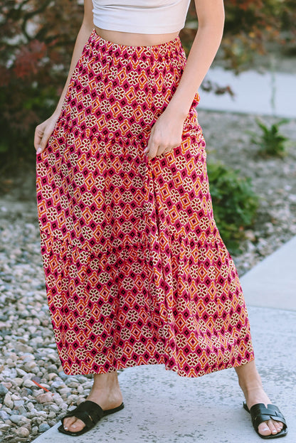 Printed Red Boho Vintage Maxi Skirt