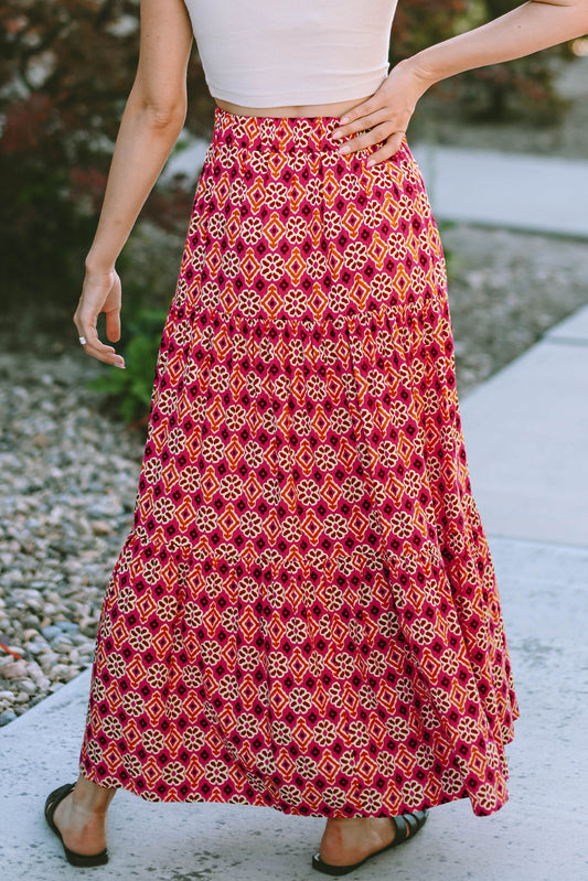 Printed Red Boho Vintage Maxi Skirt