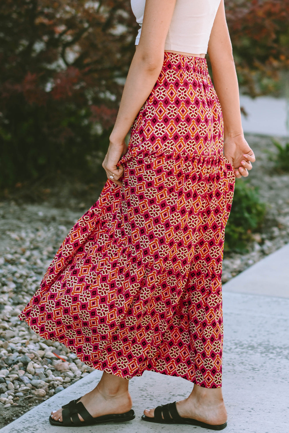 Printed Red Boho Vintage Maxi Skirt