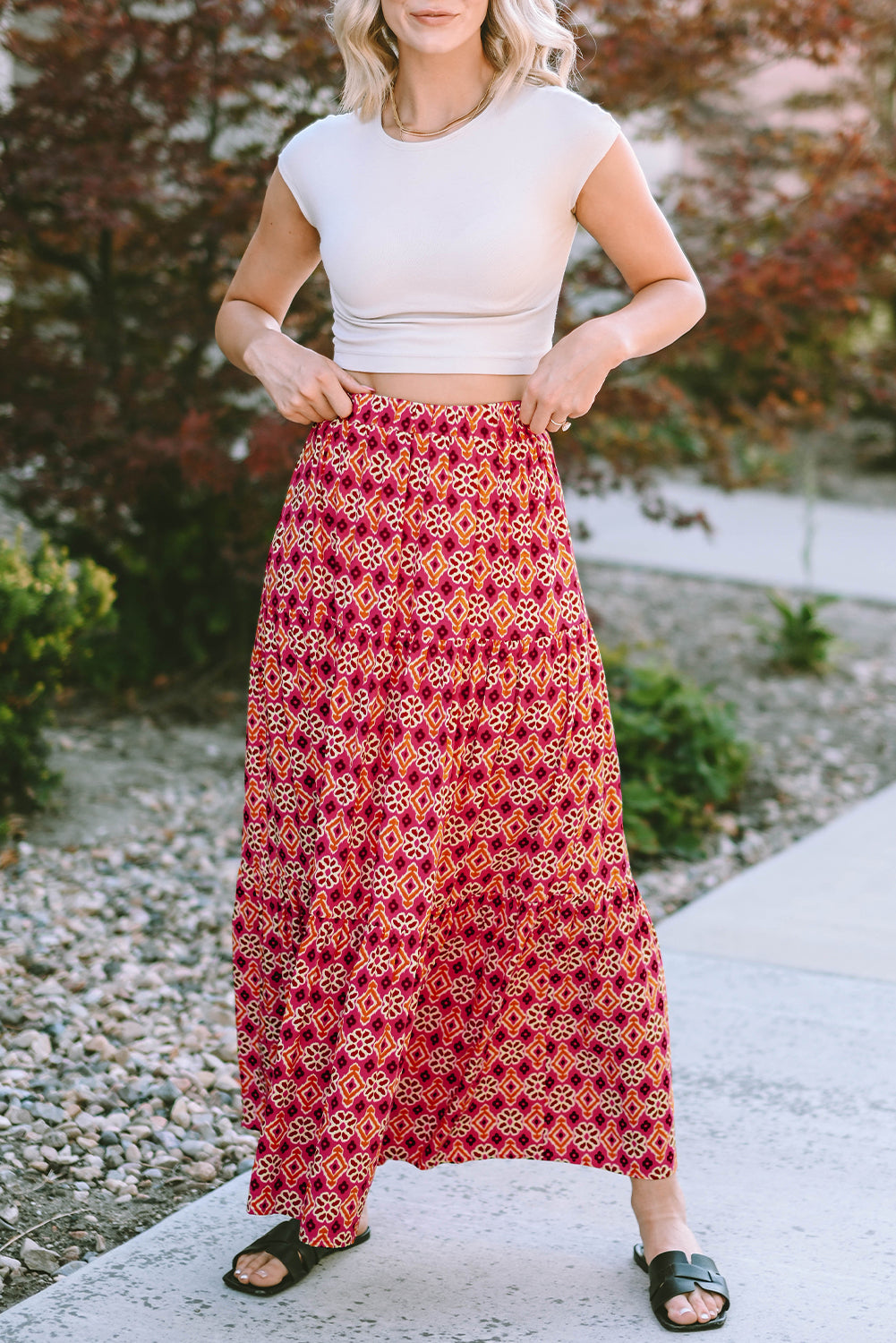 Printed Red Boho Vintage Maxi Skirt