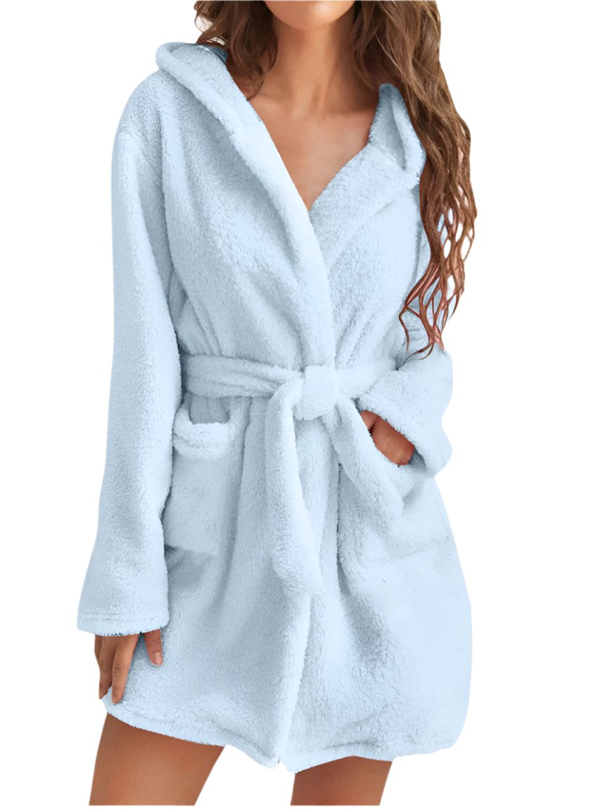 Plush hooded fleece robe in sky blue, shown on model for cozy loungewear.
