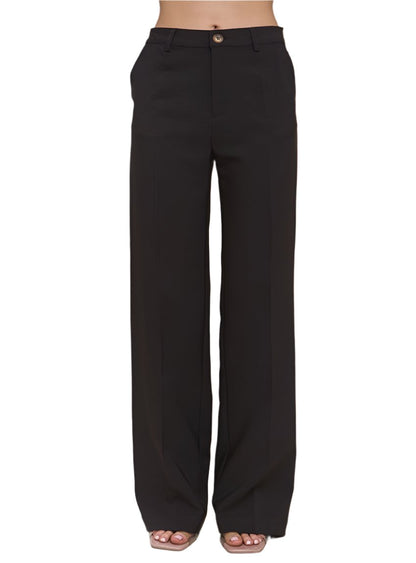 Sleek black blazer pants featuring polished pressed creases.
